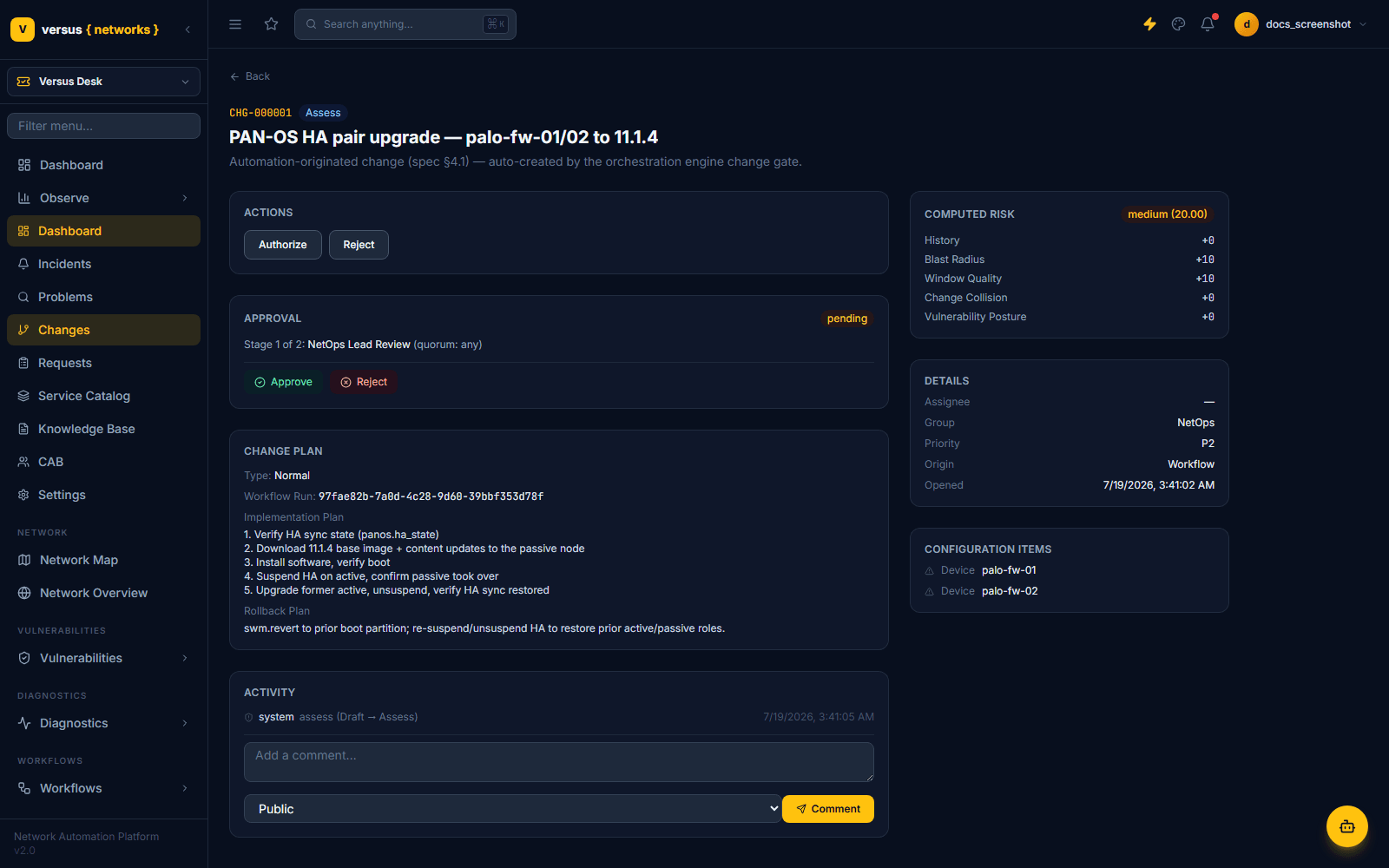 Click to enlarge CHG-000001 detail page showing computed risk of medium (20.00), a pending NetOps Lead Review approval stage, and a five-step implementation plan with rollback plan