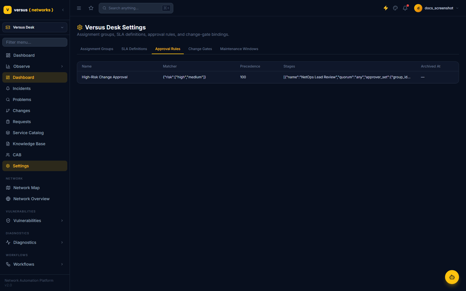 Click to enlarge Approval Rules settings tab showing the High-Risk Change Approval rule — matcher on risk high/medium, stage 'NetOps Lead Review' with any quorum