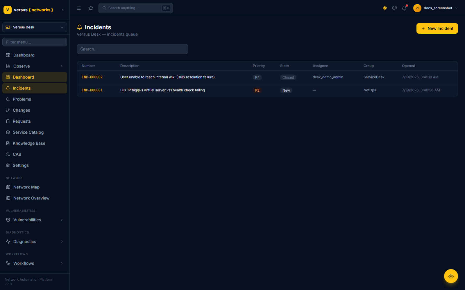 Click to enlarge Incident queue showing INC-000001 open and INC-000002 closed