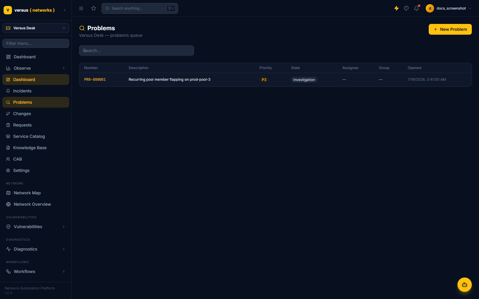 Click to enlarge Problems queue showing PRB-000001