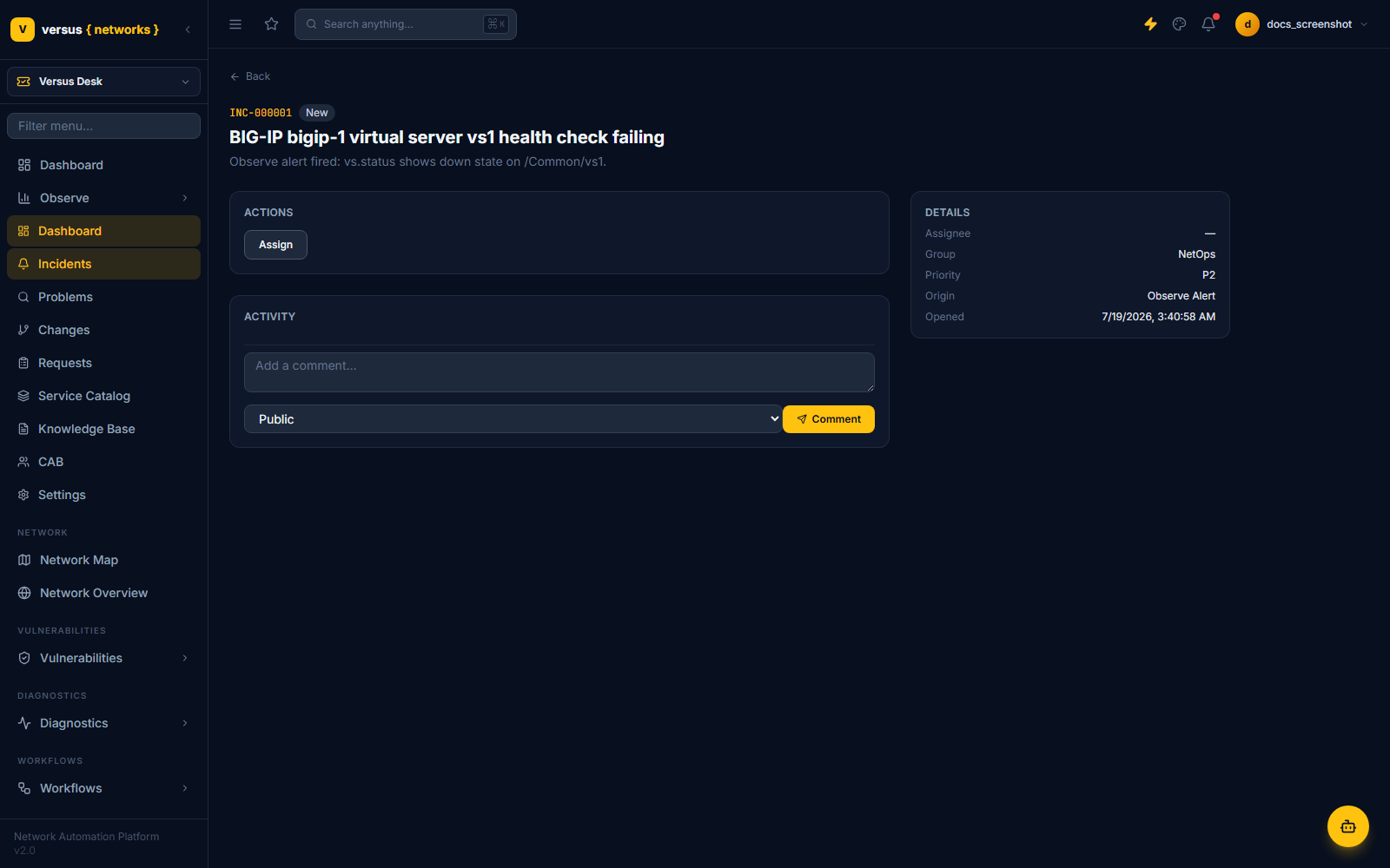 Click to enlarge Incident detail view for INC-000001 showing it was opened by an Observe alert