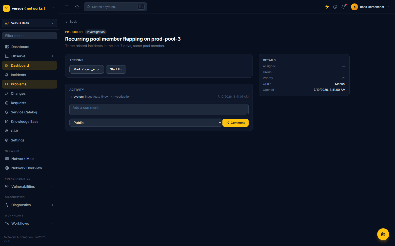 Click to enlarge Problem ticket PRB-000001 in the Investigation state, showing Mark Known Error and Start Fix actions