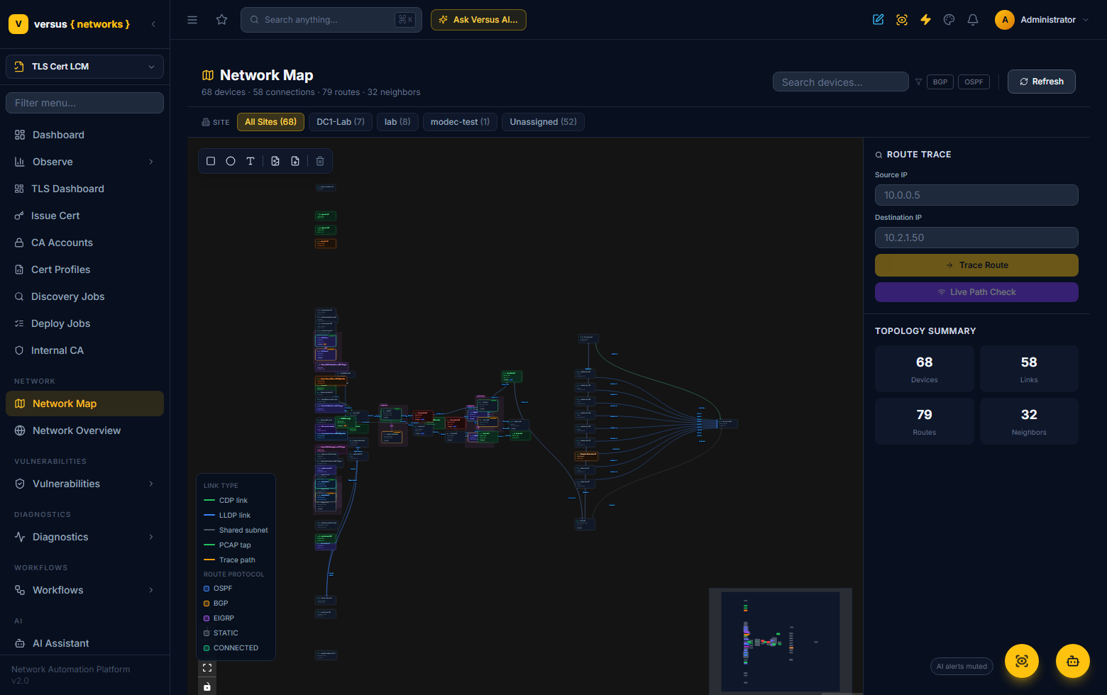 The Versus Network Map for the lab — the topology the diagnostic war room reasons over, with the Route Trace and Live Path Check panel for submitting a path to investigate