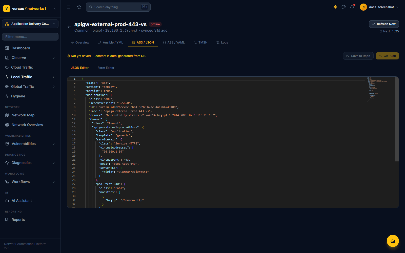 Click to enlarge Virtual server detail, AS3 / JSON tab