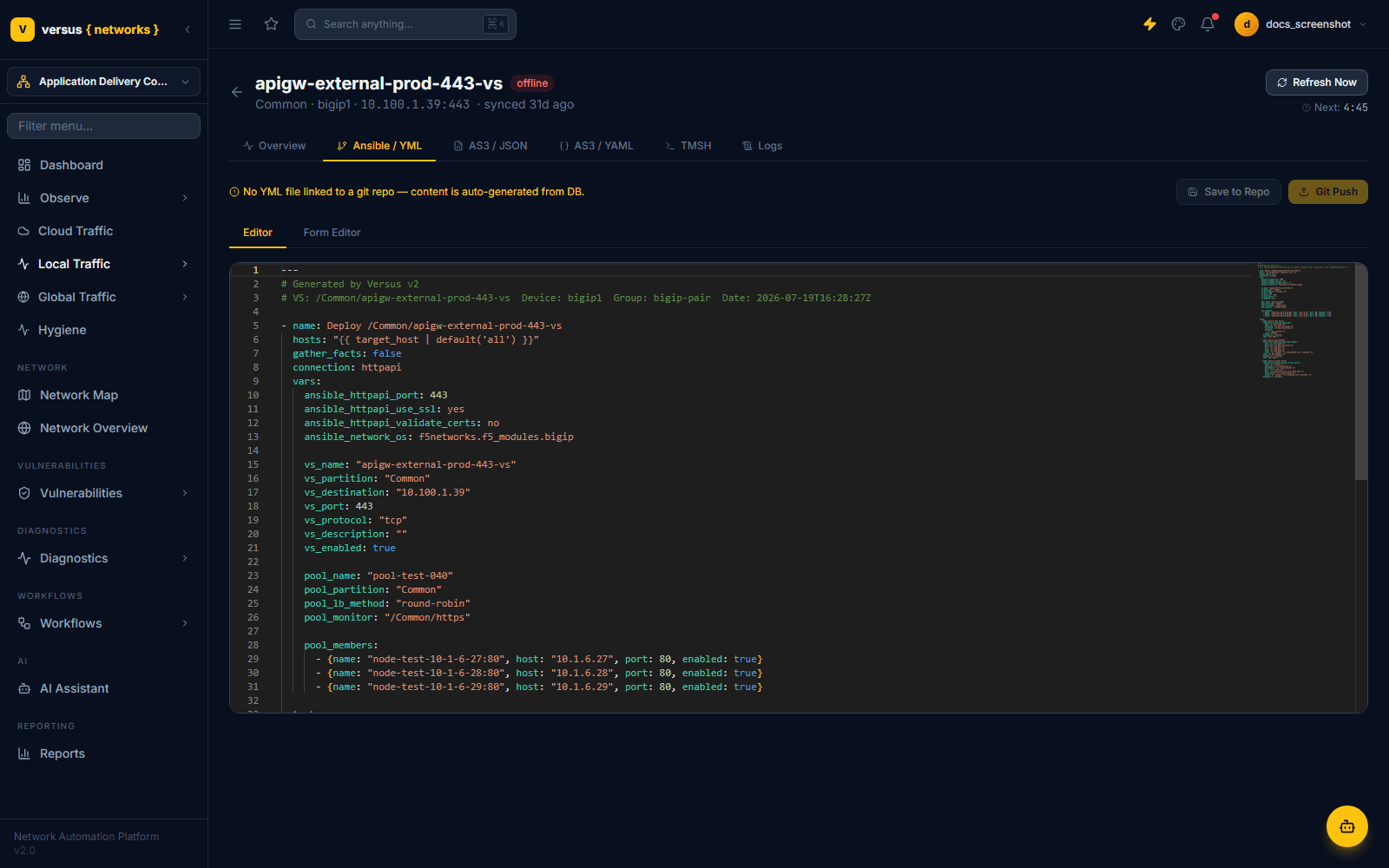 Click to enlarge Virtual server detail, Ansible / YML tab