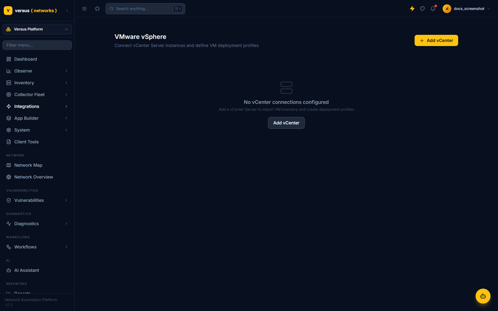 VMware vSphere settings page in Versus, showing no vCenter connections configured yet and an Add vCenter button
