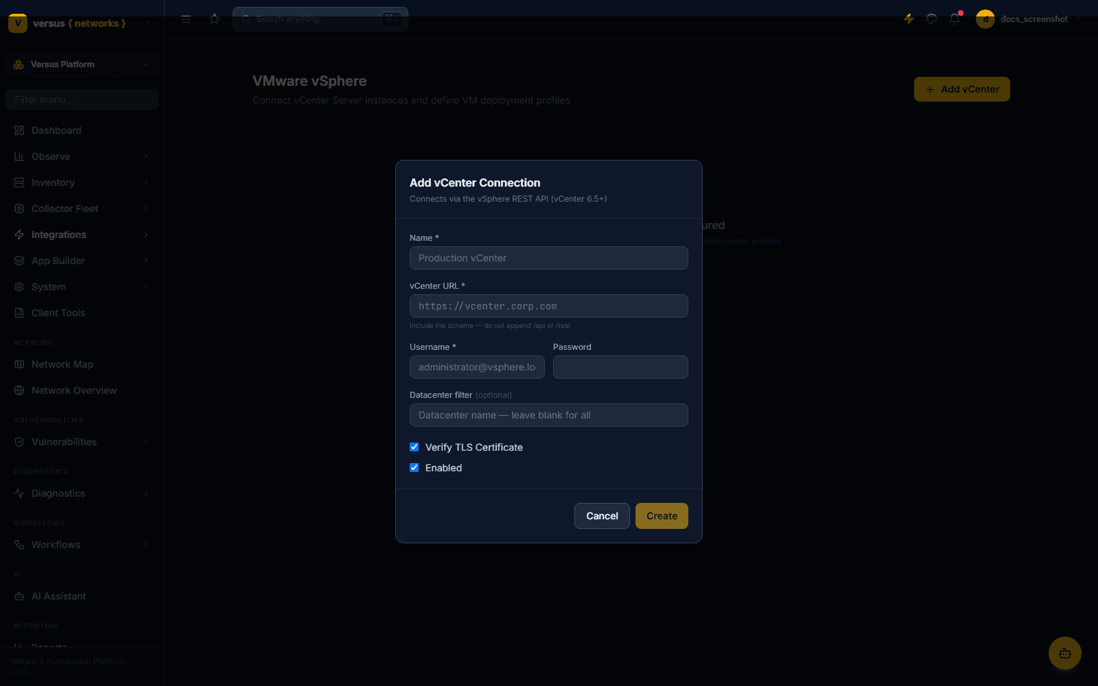 Add vCenter Connection form showing Name, vCenter URL, Username, Password, Datacenter filter, Verify TLS Certificate checkbox, and Enabled checkbox