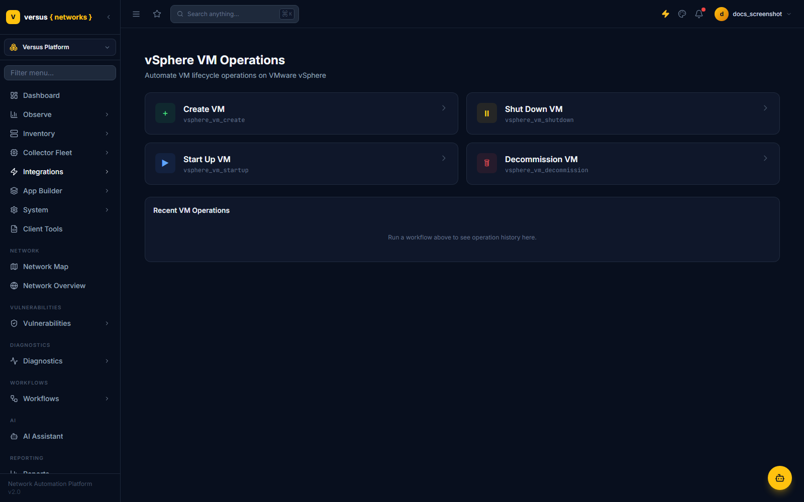 vSphere VM Operations dashboard showing four workflow launch cards: Create VM, Shut Down VM, Start Up VM, and Decommission VM, plus an empty Recent VM Operations list