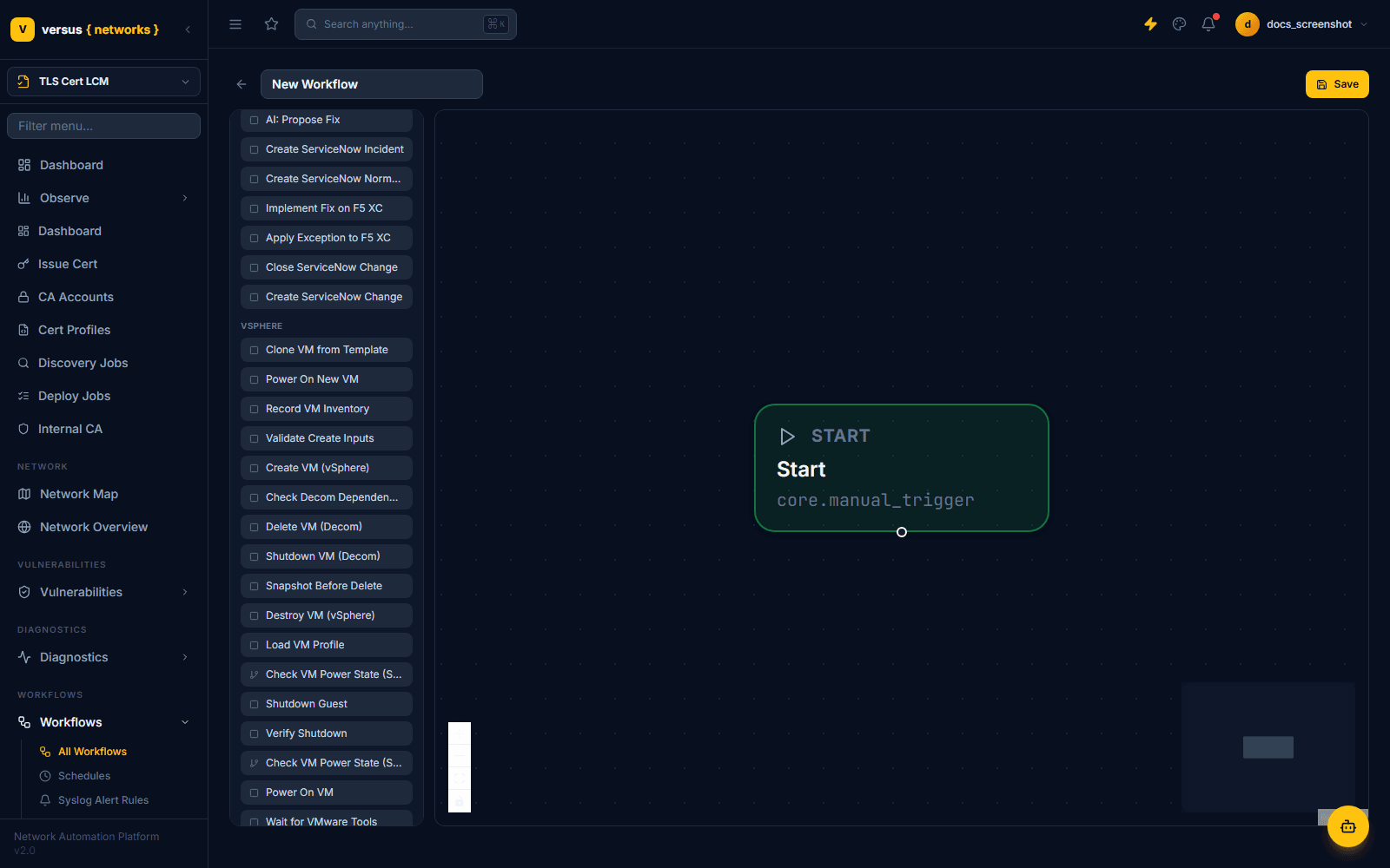 Workflow builder step palette scrolled to the vsphere category, listing Clone VM from Template, Power On New VM, Record VM Inventory, Validate Create Inputs, Create VM (vSphere), Check Decom Dependencies, Delete VM (Decom), Shutdown VM (Decom), Snapshot Before Delete, Destroy VM (vSphere), Load VM Profile, and VM power-state/shutdown/startup steps