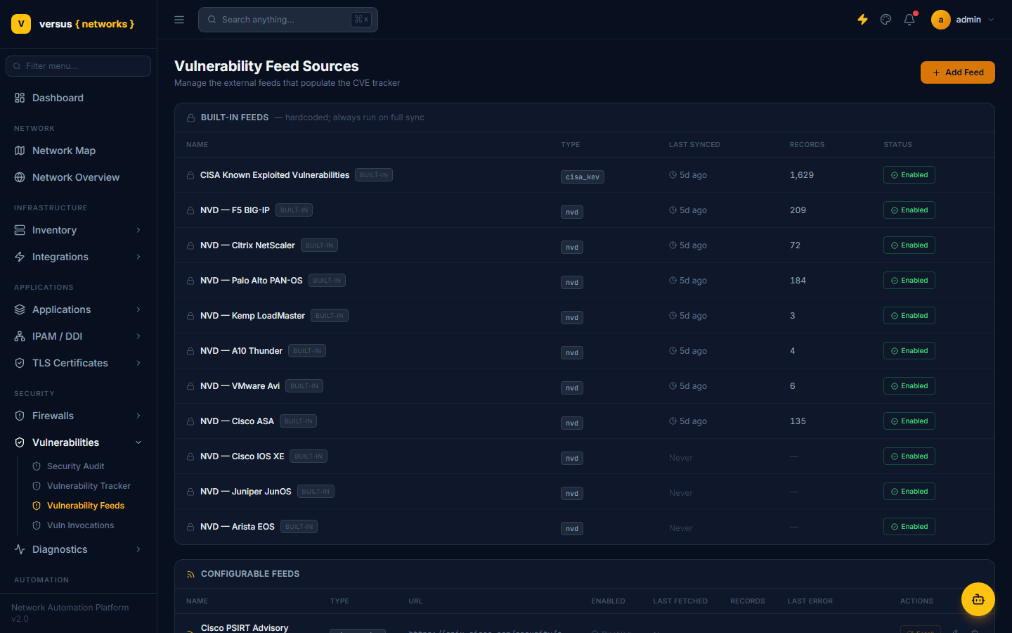 Vulnerability Feed Sources page