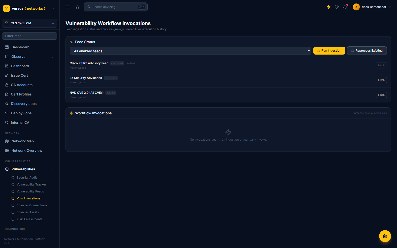 Vulnerability Workflow Invocations page showing feed status and run history
