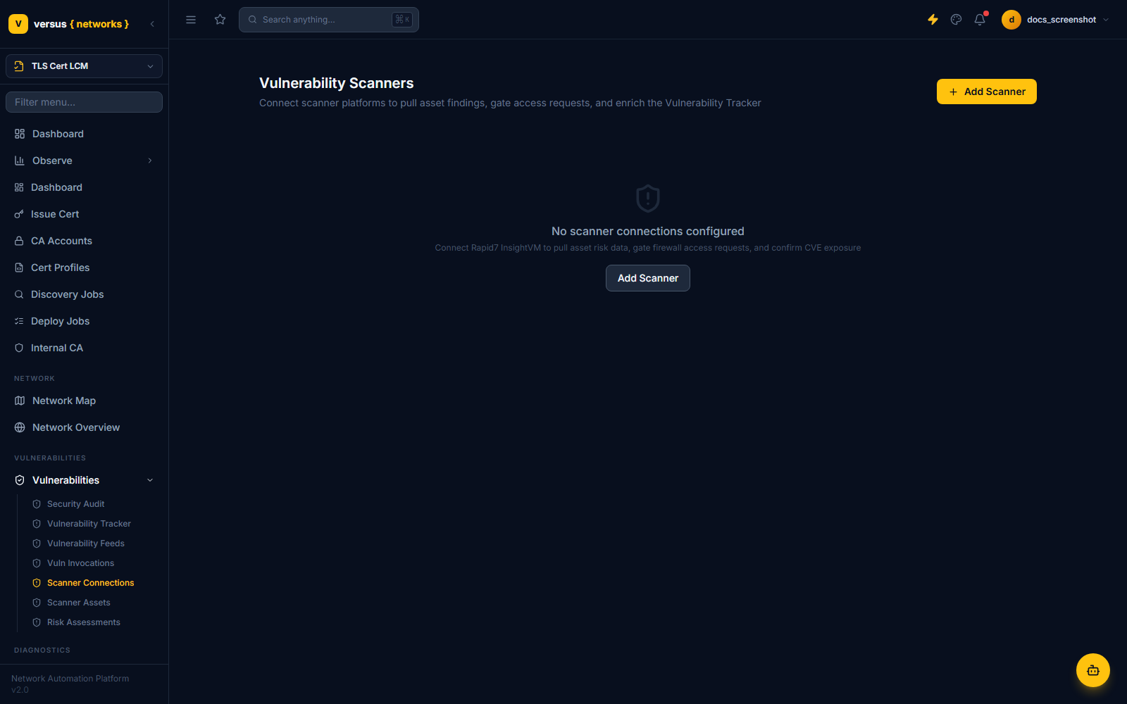 Vulnerability Scanners page with no scanner connections configured
