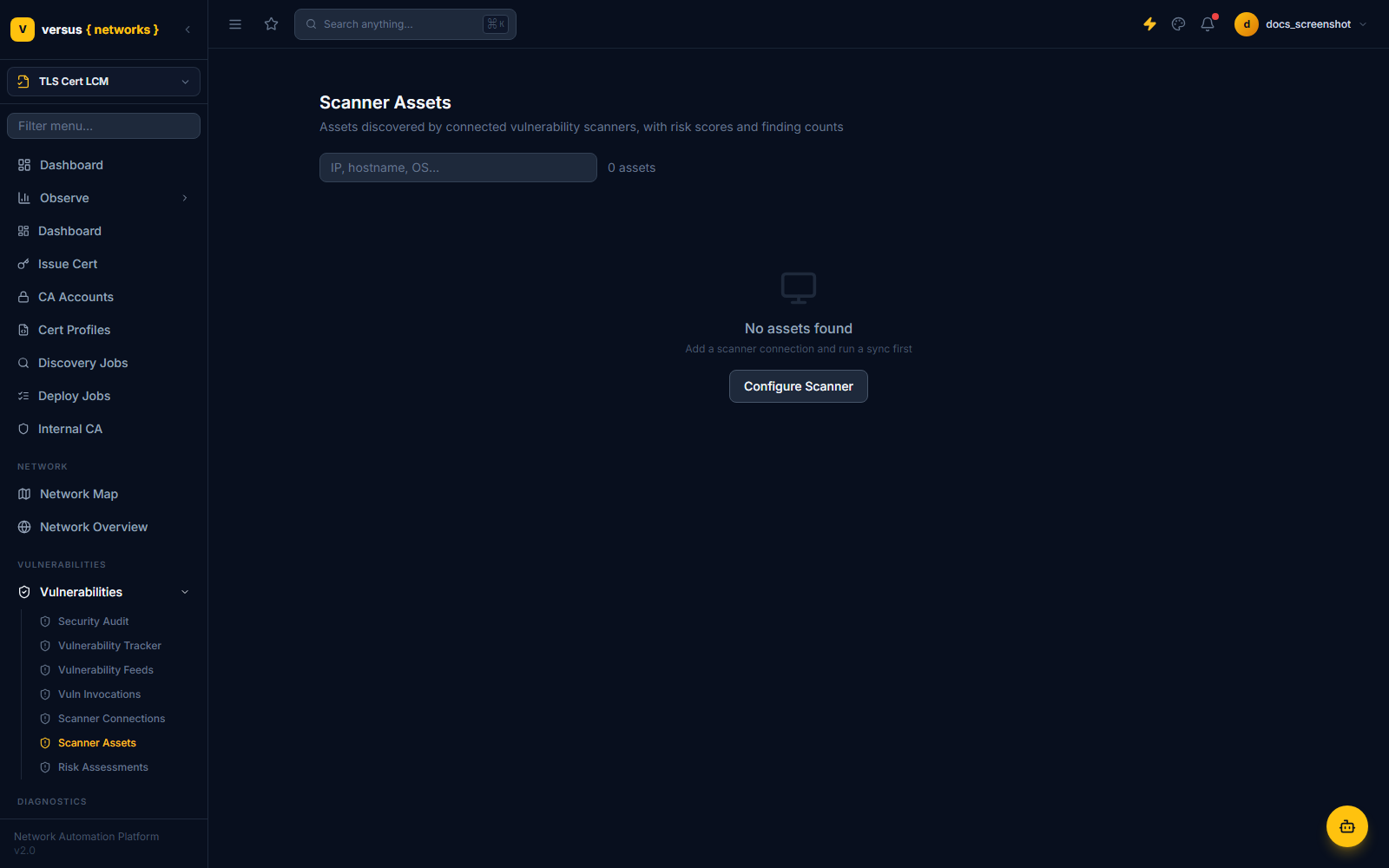 Scanner Assets page with no assets found