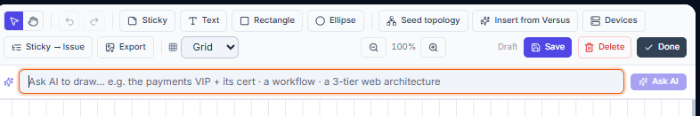 Click to enlarge The "Ask AI to draw…" bar directly above the whiteboard canvas, with example hints and the Ask AI button, below the whiteboard toolbar