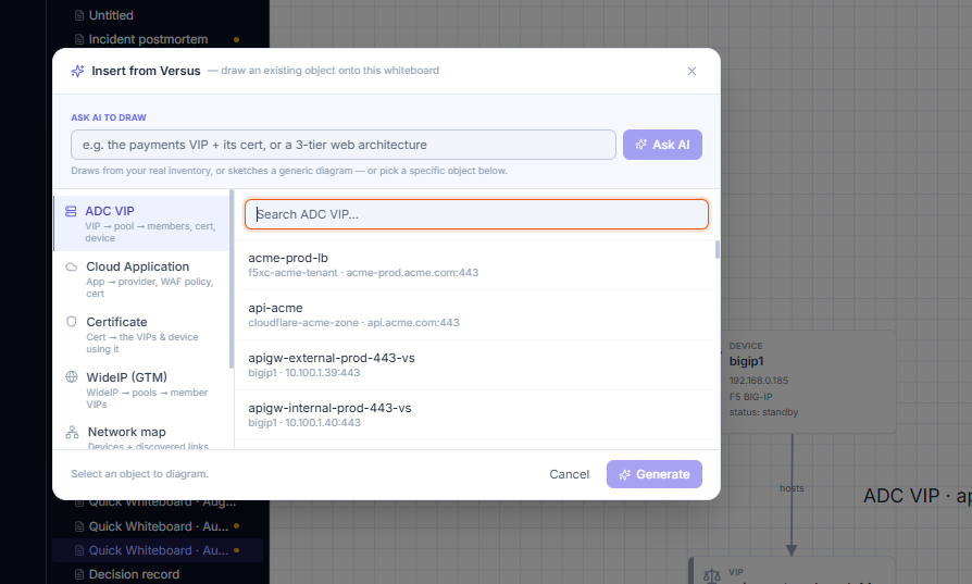 Click to enlarge The Insert from Versus dialog — an "Ask AI to draw" field at the top, the object‑type rail on the left (ADC VIP, Cloud Application, Certificate, WideIP, Network map…), and a searchable list of real objects on the right