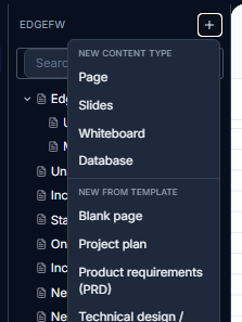 The New menu expanded, showing the New Content Type options — Page, Slides, Whiteboard, Database — above a New From Template list