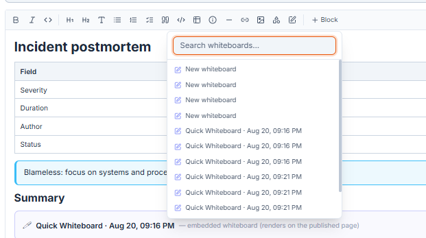 The page editor's whiteboard picker — a "Search whiteboards…" box above a list of available boards to embed