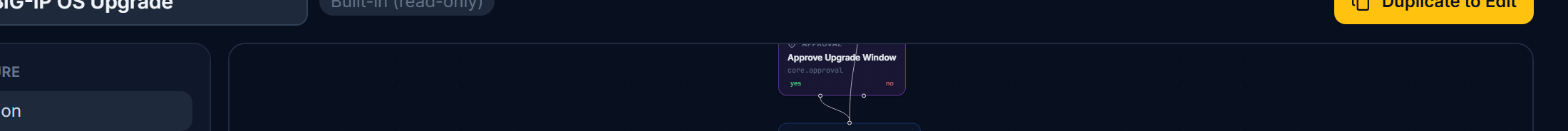 Click to enlarge A built-in workflow's editor header showing the Built-in (read-only) label and a Duplicate to Edit button
