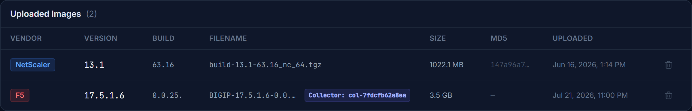 Click to enlarge The Firmware Library image list showing a registered F5 17.5.1.6 image with a Collector: col-7fdcfb62a8ea badge next to the filename.
